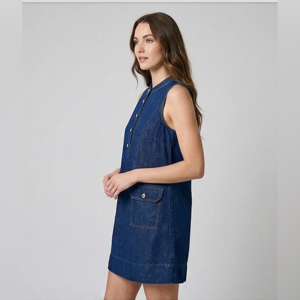 LAST ONE 🔥 Dark Wash Denim Sleeveless Shift Dress with Gold Buttons & Pockets - Picture 2 of 9
